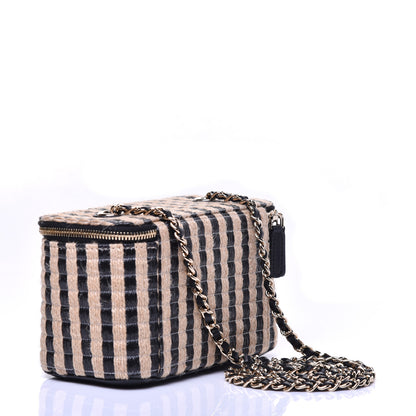 Chanel Raffia Jute Striped Small Vanity Case With Chain Black Beige 3 of 10