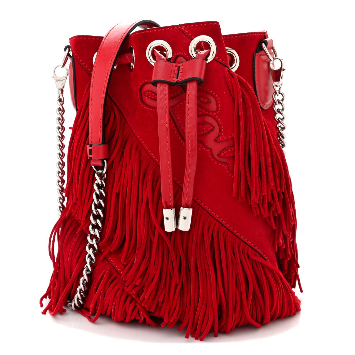 Christian Louboutin Suede Calfskin Fringe Marie Jane Bucket Red 1 of 13
