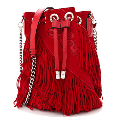 Christian Louboutin Suede Calfskin Fringe Marie Jane Bucket Red 1 of 13