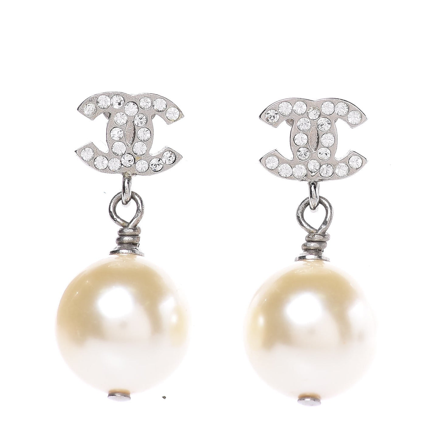 Crystal Pearl CC Drop Earrings Silver