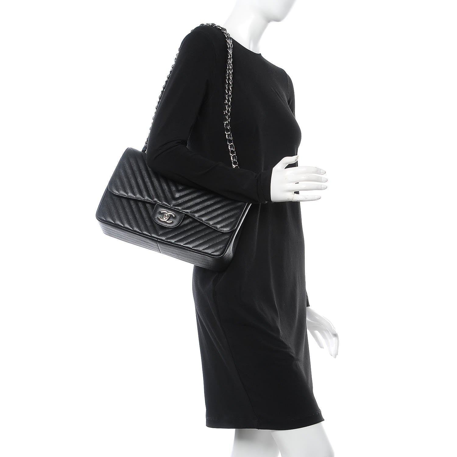 Chanel Metallic Caviar Chevron Quilted Jumbo Double Flap Black 3 of 9