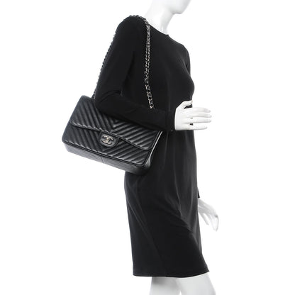 Chanel Metallic Caviar Chevron Quilted Jumbo Double Flap Black 3 of 9
