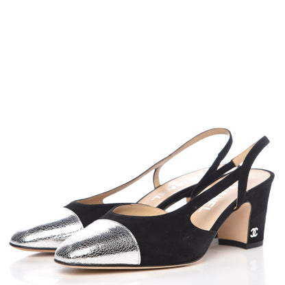 Chanel Kid Suede Metallic Lambskin Cap Toe CC Slingback Pumps 37 Black Silver 3 of 9