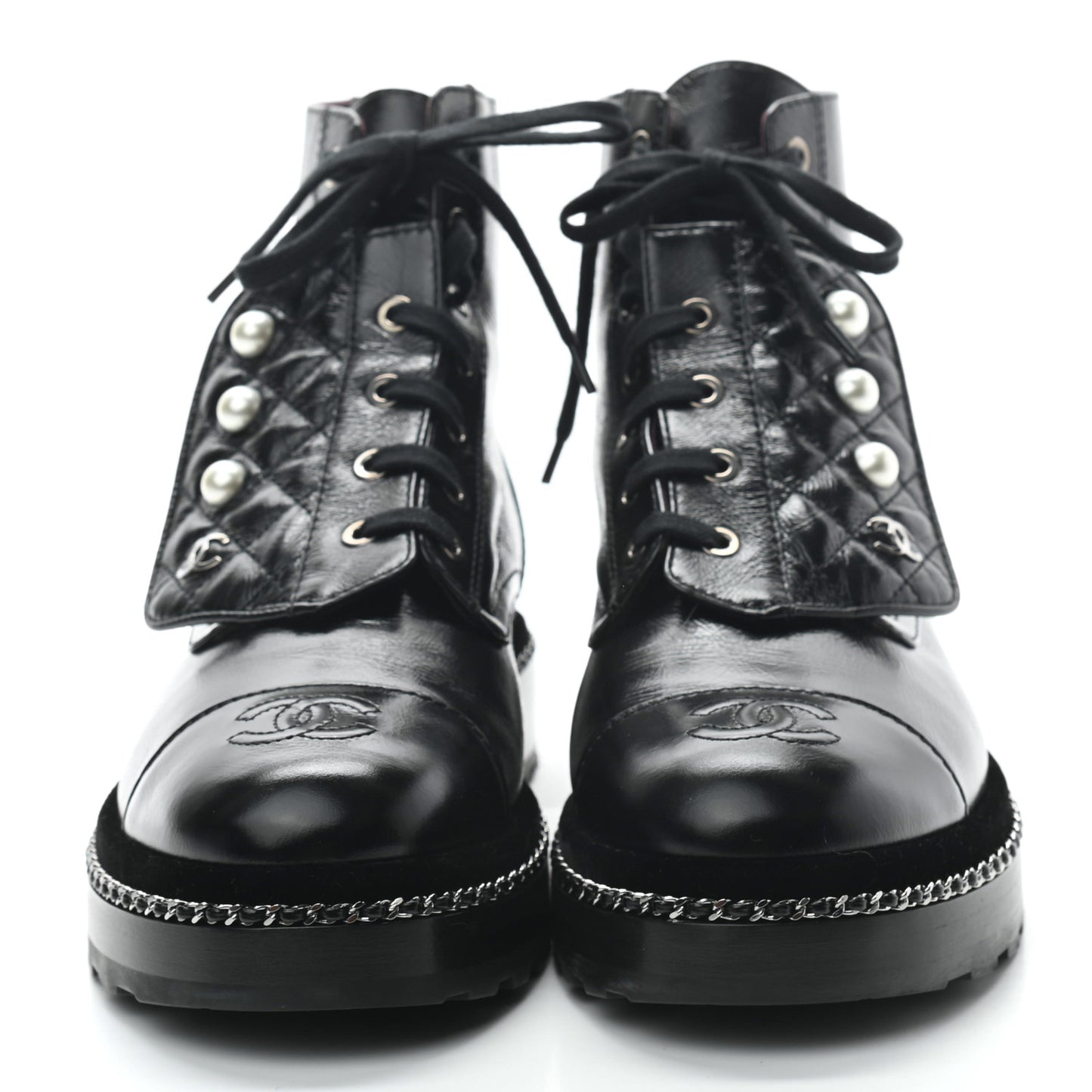 Crackled Calfskin Velvet Pearl Combat Short Boots 39.5 Black