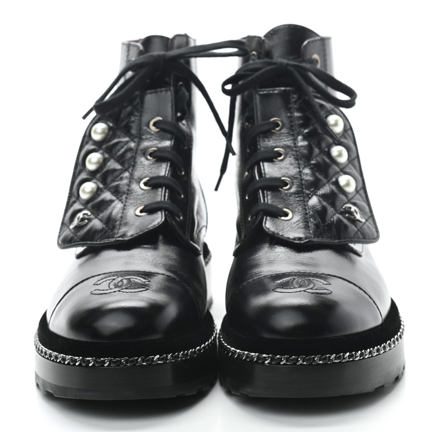 Chanel Crackled Calfskin Velvet Pearl Combat Short Boots 39.5 Black 2 of 8