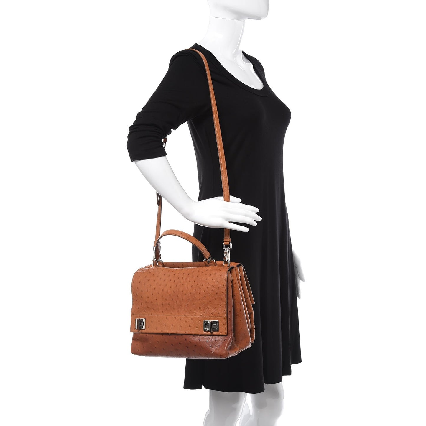 Ostrich Convertible Top Handle Tote Cognac
