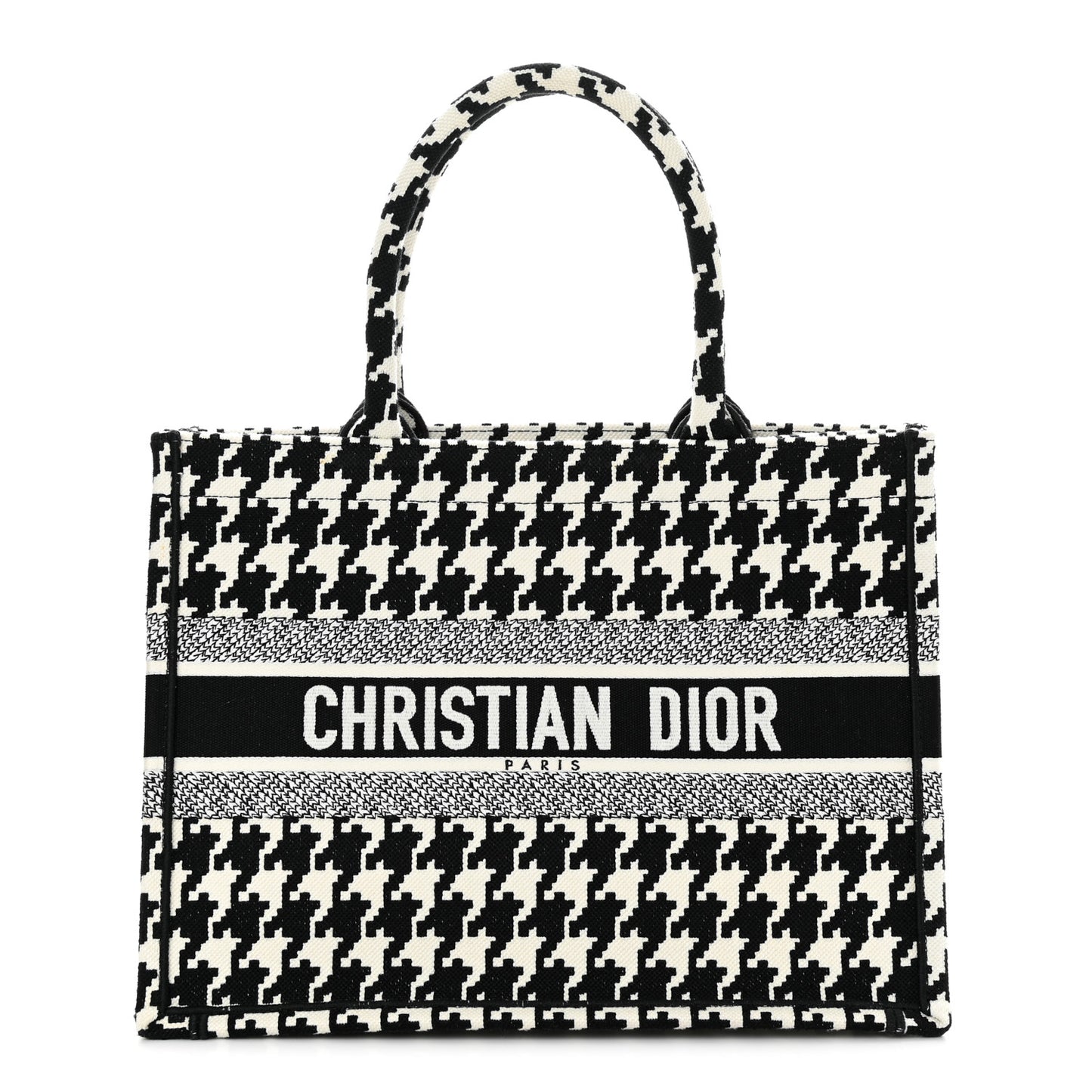 Canvas Macro Houndstooth Embroidered Medium Book Tote Black White