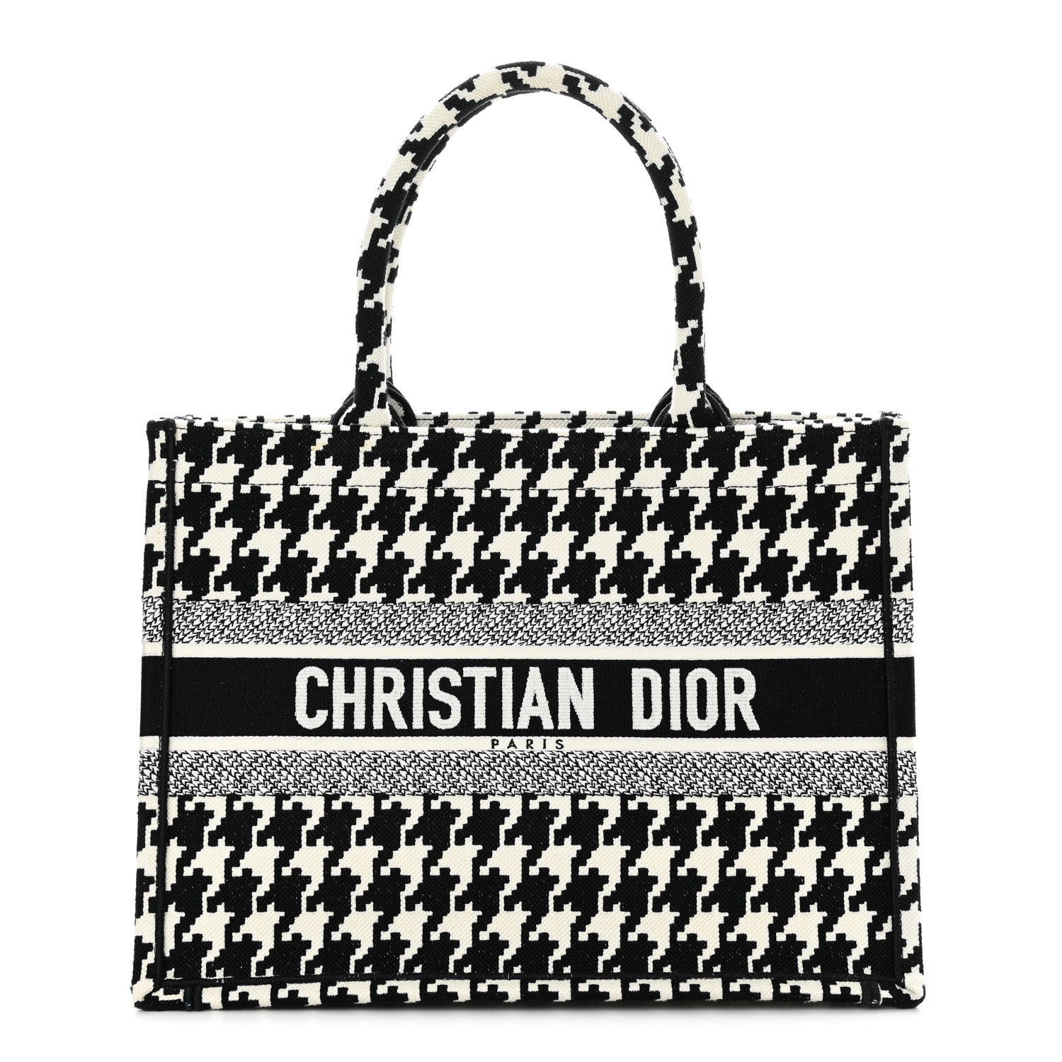Christian Dior Canvas Macro Houndstooth Embroidered Medium Book Tote Black White 1 of 10