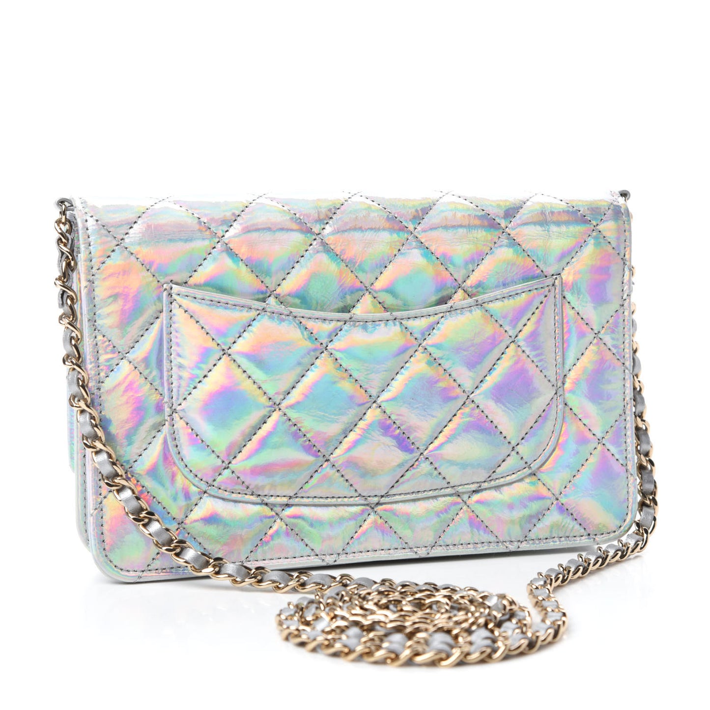 Iridescent Goatskin Quilted Wallet On Chain WOC Silver