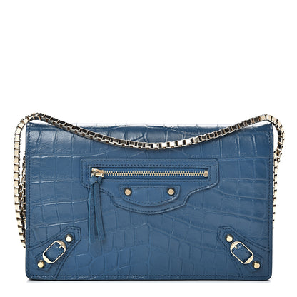 Balenciaga Calfskin Crocodile Embossed Classic Gold Hardware Wallet on Chain Bleu Marine 1 of 9