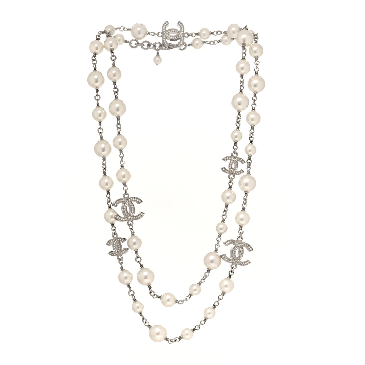 Chanel Graduated Pearl Crystal CC Long Necklace Silver 3 of 5