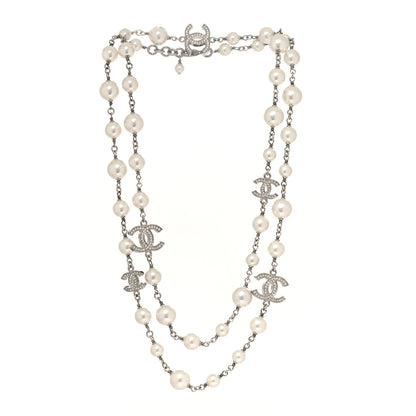 Chanel Graduated Pearl Crystal CC Long Necklace Silver 3 of 5