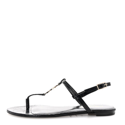 Saint Laurent Calfskin Crocodile Embossed Cassandra Monogram Sandals 37 Black 1 of 10