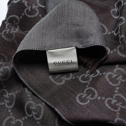 Gucci Wool Silk Monogram Fringe Scarf Grey 5 of 5