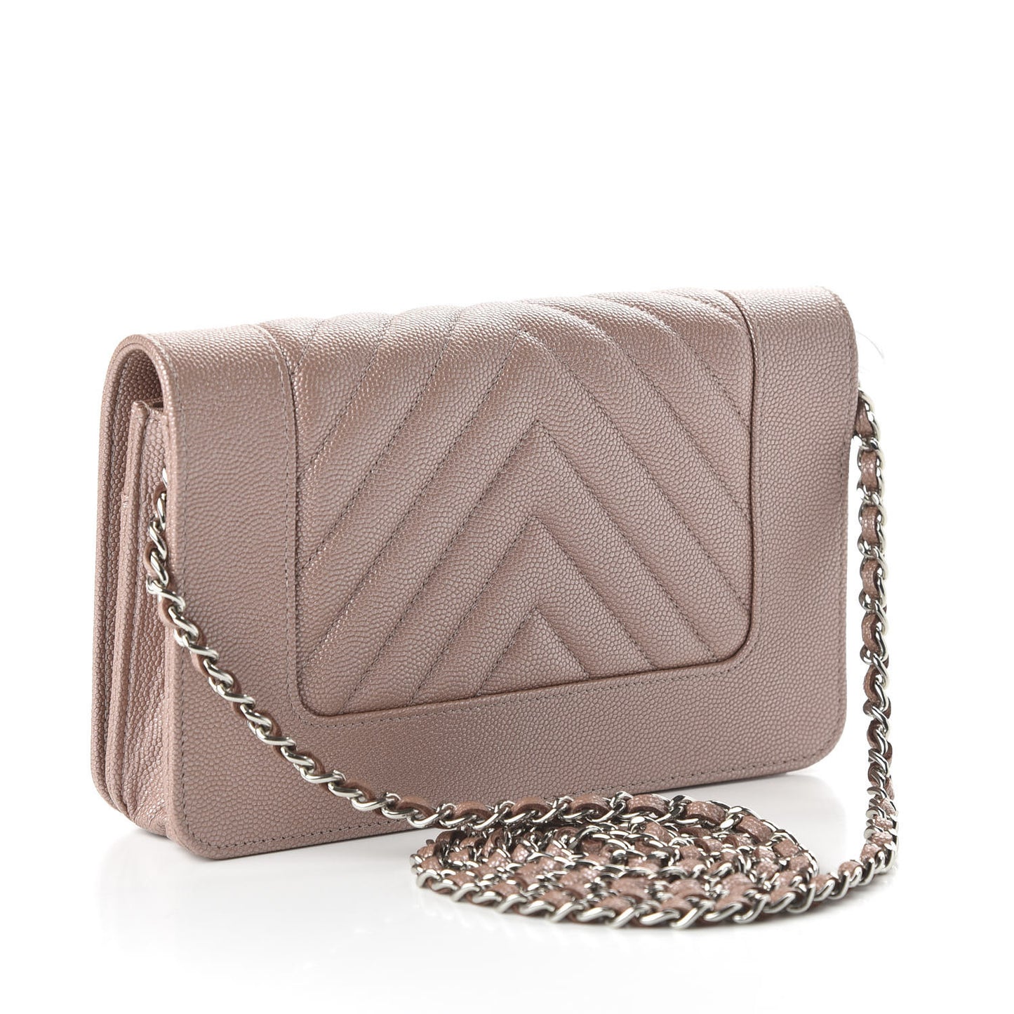 Metallic Caviar Chevron Quilted Vintage Mademoiselle Wallet On Chain WOC Pink