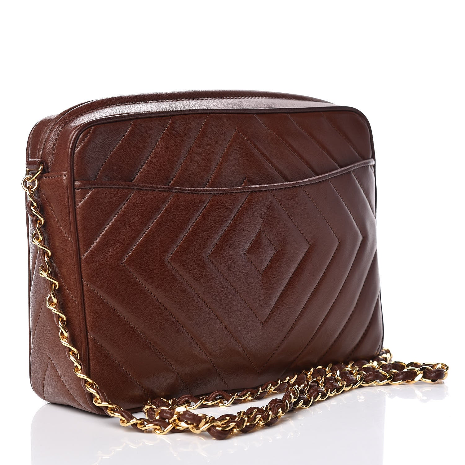 Chanel Lambskin Chevron Quilted Tassel Camera Case Brown 4 of 12