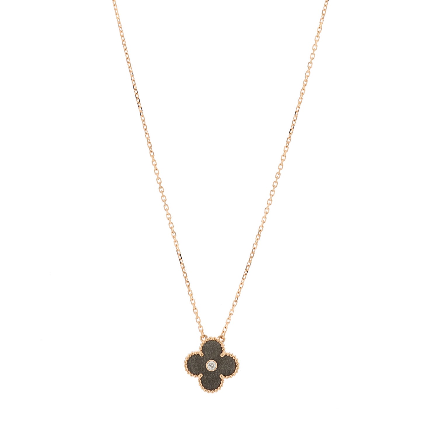 18K Rose Gold Diamond Silver Obsidian Vintage Alhambra Pendant Necklace