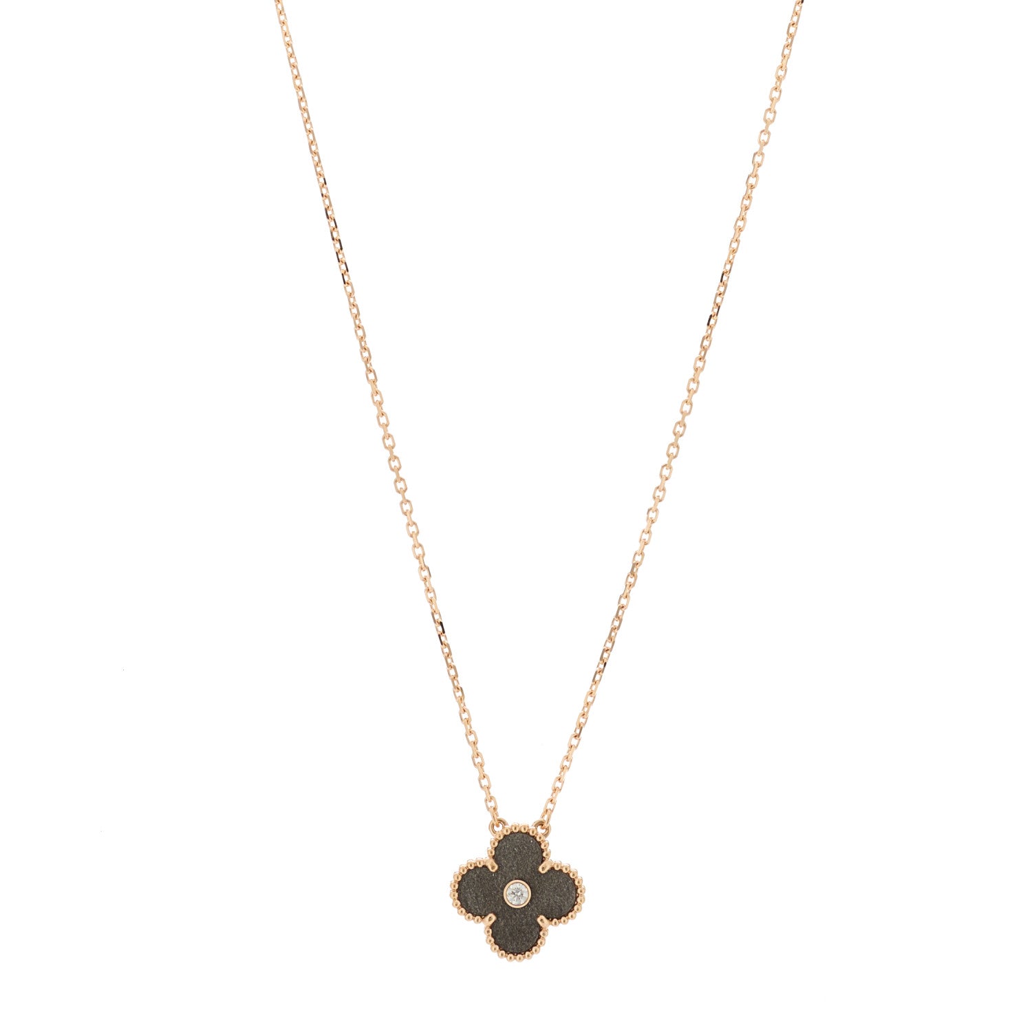 Van Cleef & Arpels 18K Rose Gold Diamond Silver Obsidian Vintage Alhambra Pendant Necklace 1 of 6