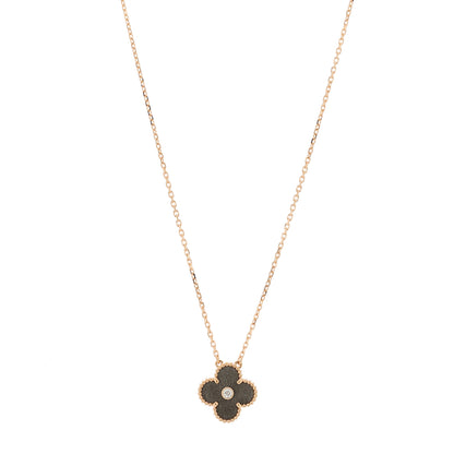 Van Cleef & Arpels 18K Rose Gold Diamond Silver Obsidian Vintage Alhambra Pendant Necklace 1 of 6