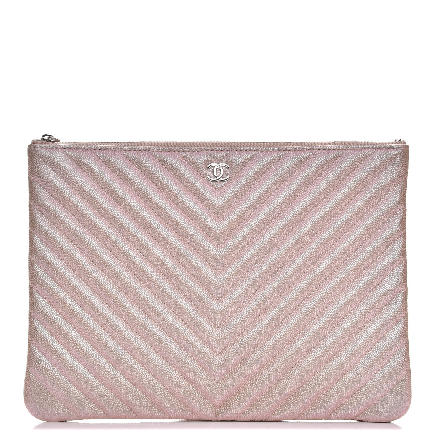 Iridescent Caviar Chevron Quilted Medium Cosmetic Case Light Gold