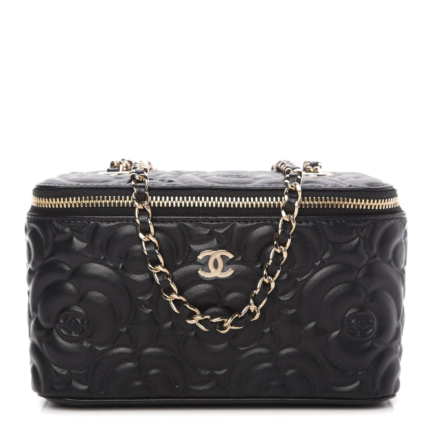 Chanel Lambskin Camellia Embossed Small Vanity Case With Chain Black 1 of 11