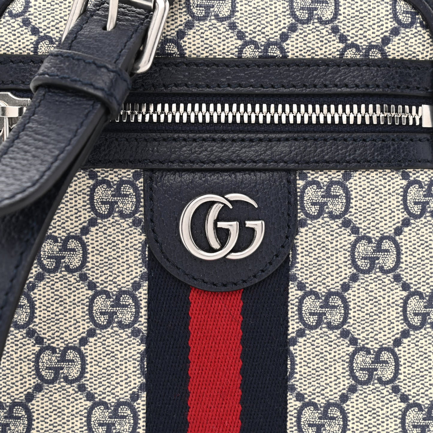 GG Supreme Monogram Textured Calfskin Web Mini Ophidia Messenger Beige Blue