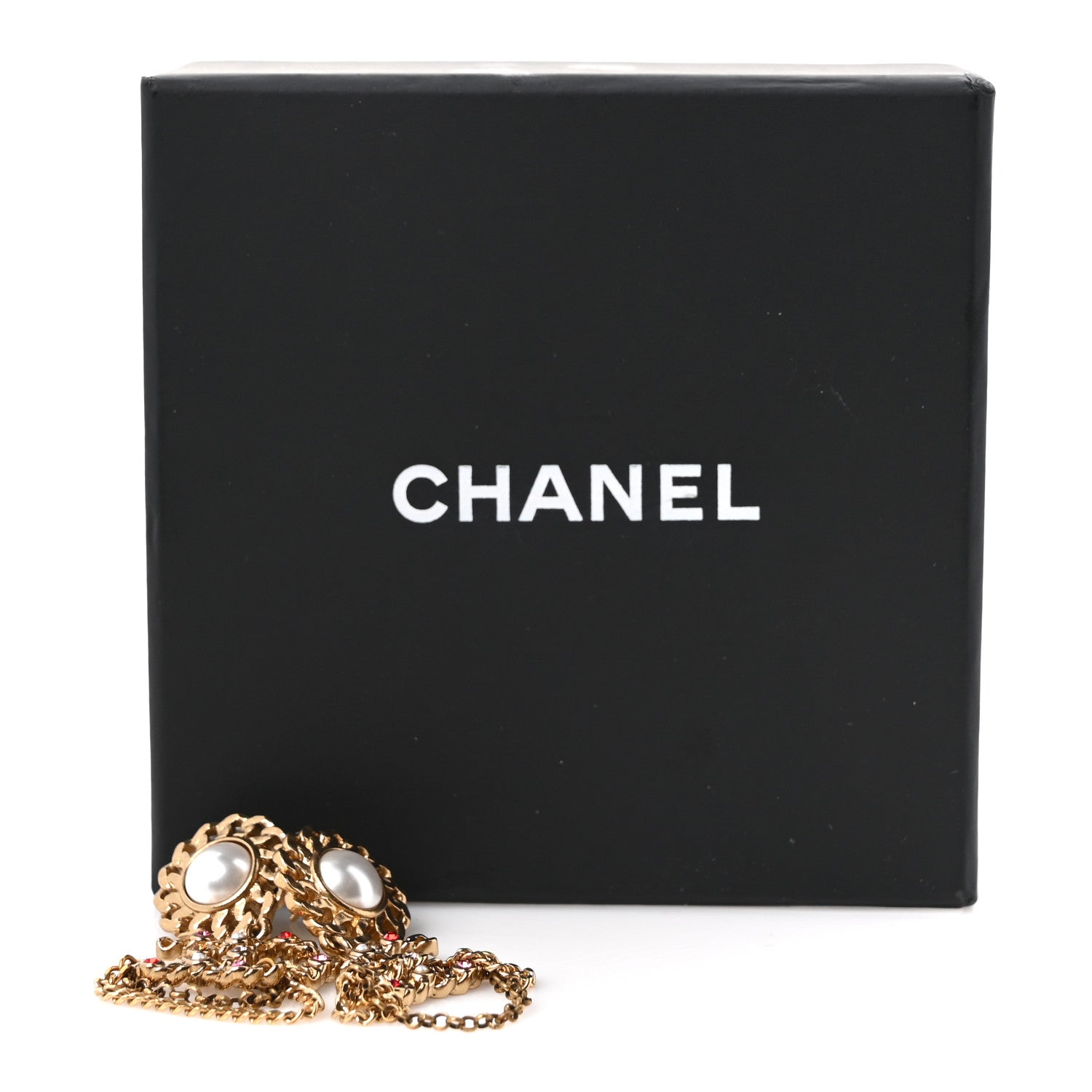 Chanel Pearl Crystal Chain Link CC Drop Earrings Gold Red Pink Yellow 5 of 5