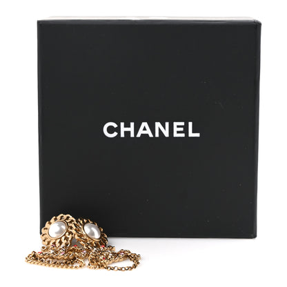 Chanel Pearl Crystal Chain Link CC Drop Earrings Gold Red Pink Yellow 5 of 5