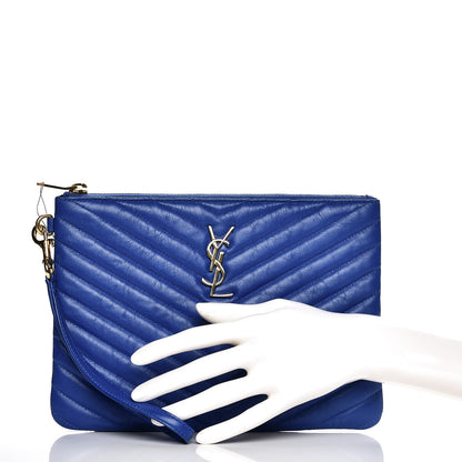 Saint Laurent Calfskin Matelasse Chevron Monogram A5 Wristlet Blue Majorelle 2 of 8
