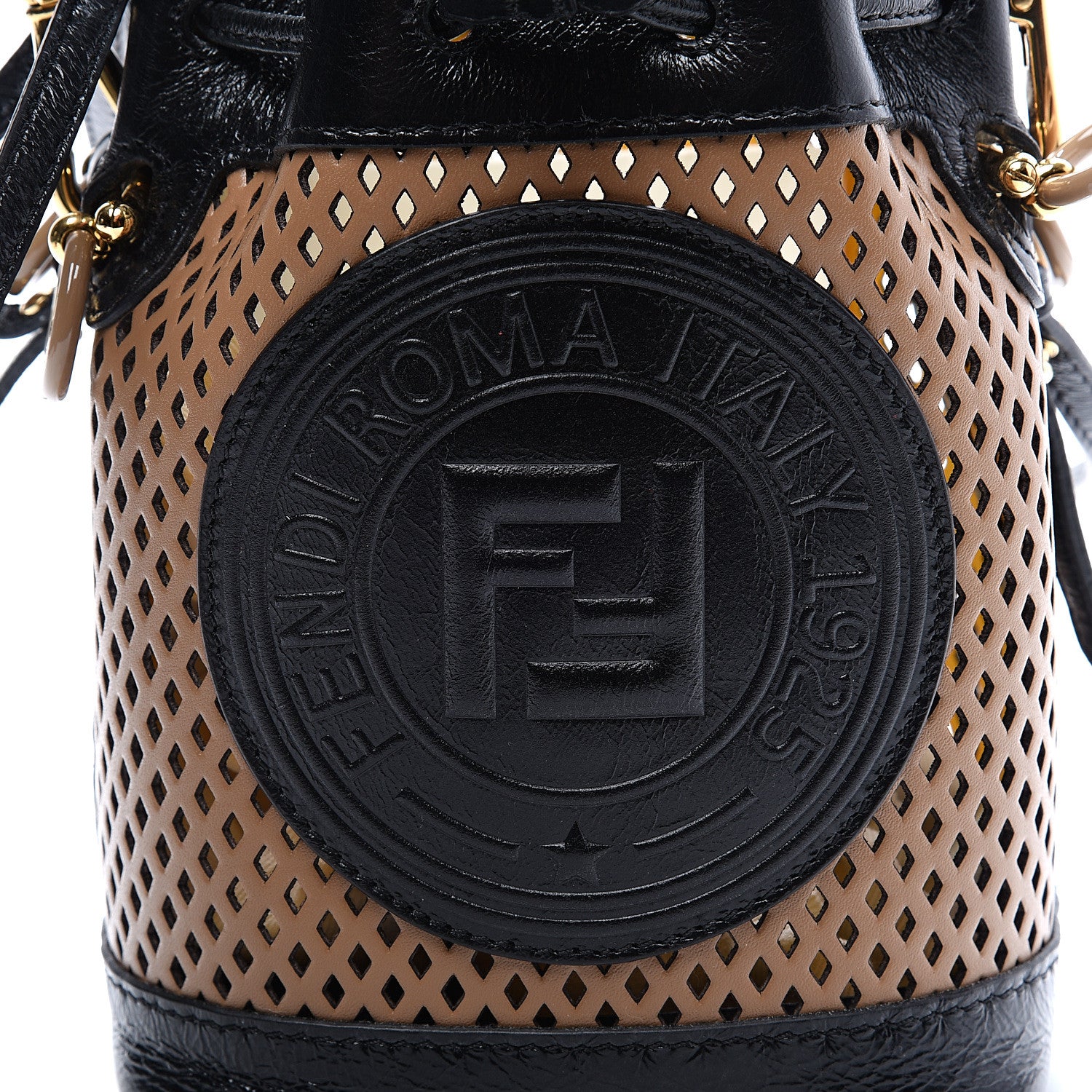 Fendi Vitello Liberty Glossy Lambskin F is Fendi Perforated Mini Mon Tresor Bucket Bag Sand Mimosa Black 10 of 10