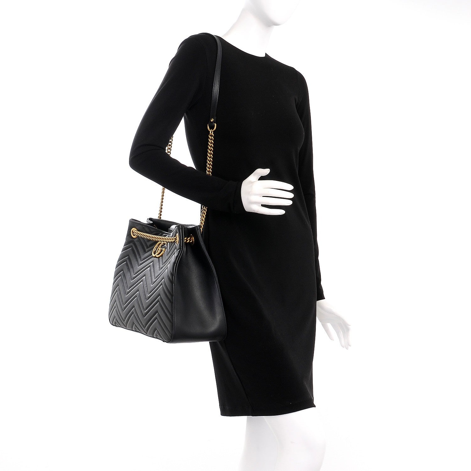 Gucci Calfskin Matelasse Medium GG Marmont Shoulder Tote Bag Black 2 of 7