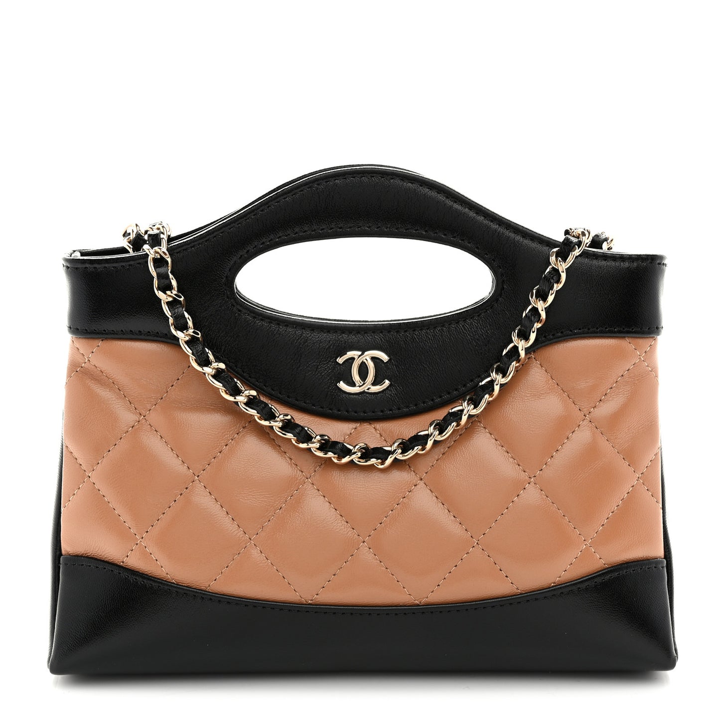Shiny Crumpled Calfskin Quilted Nano 31 Shopping Bag Dark Beige Black