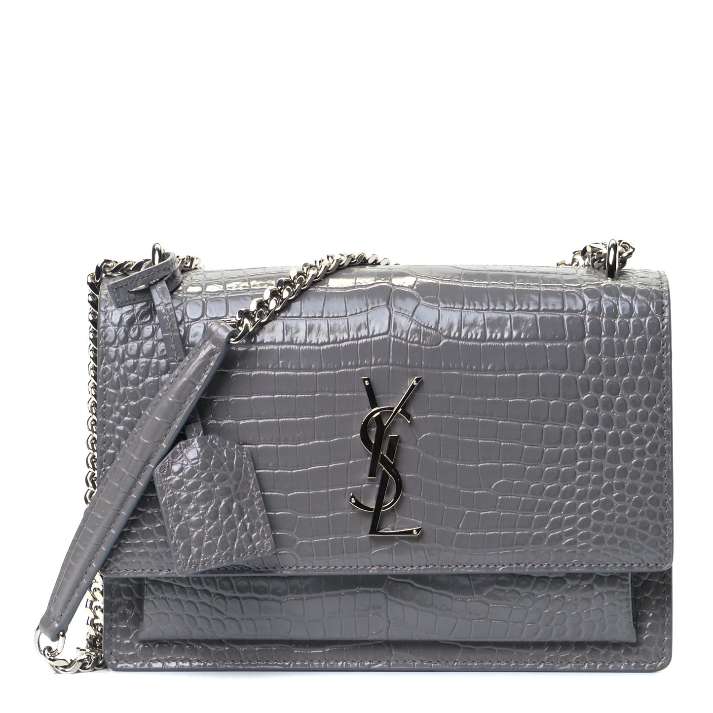 Calfskin Crocodile Embossed Medium Monogram Sunset Fog