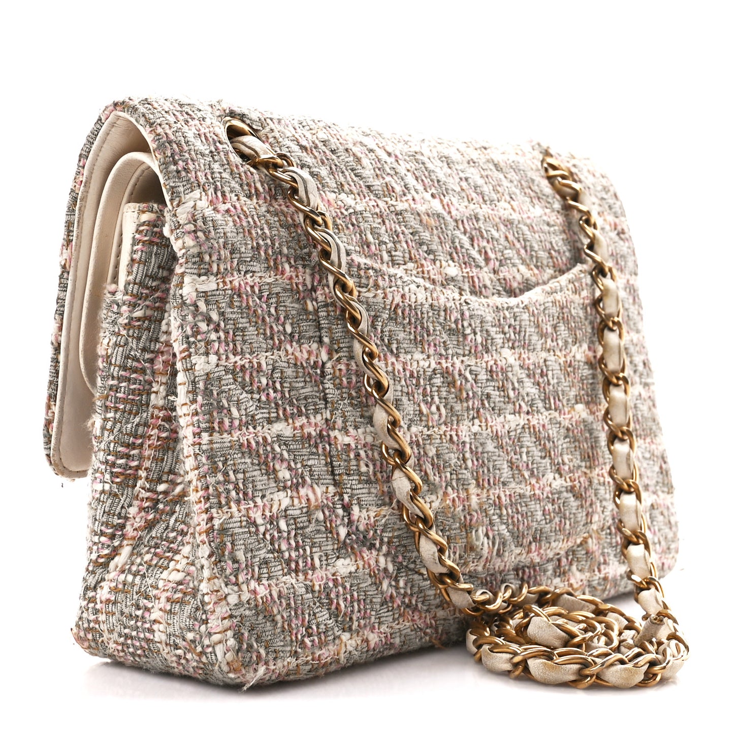 Tweed Quilted Medium Double Flap Beige Multicolor