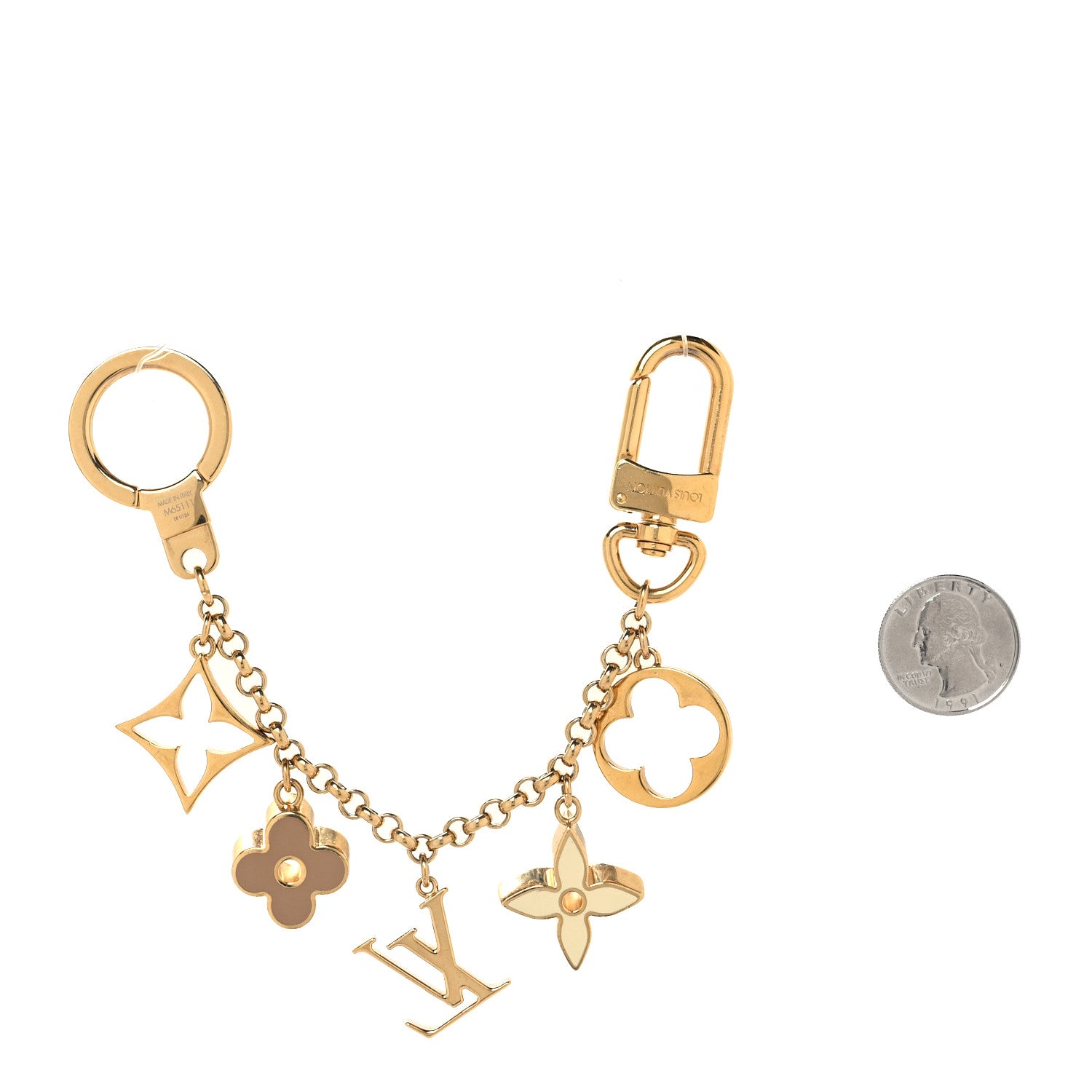 Louis Vuitton Brass Enamel Fleur De Monogram Bag Charm Chain Gold 2 of 4