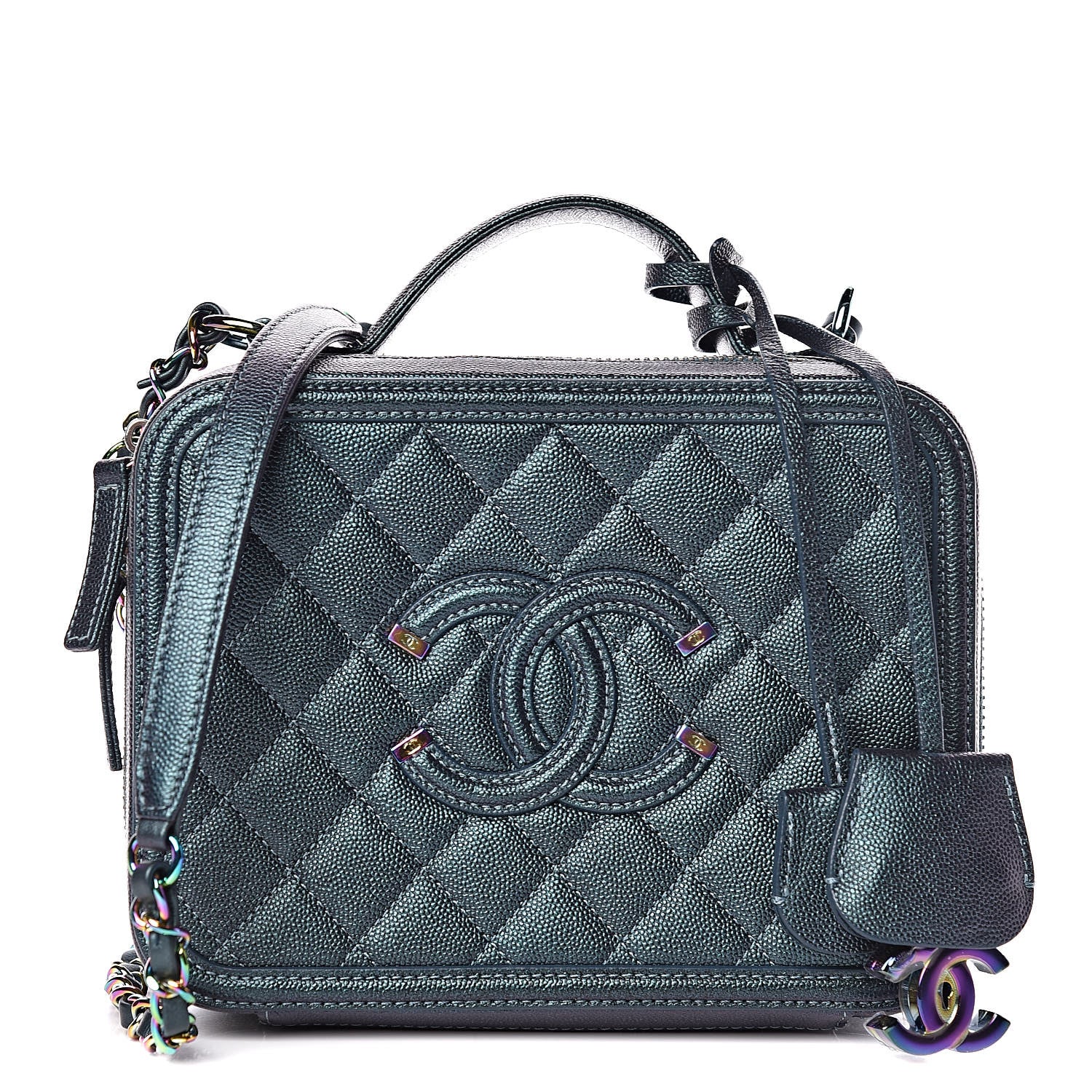 Chanel Iridescent Caviar Quilted Medium CC Filigree Vanity Case Dark Turquoise 1 of 11