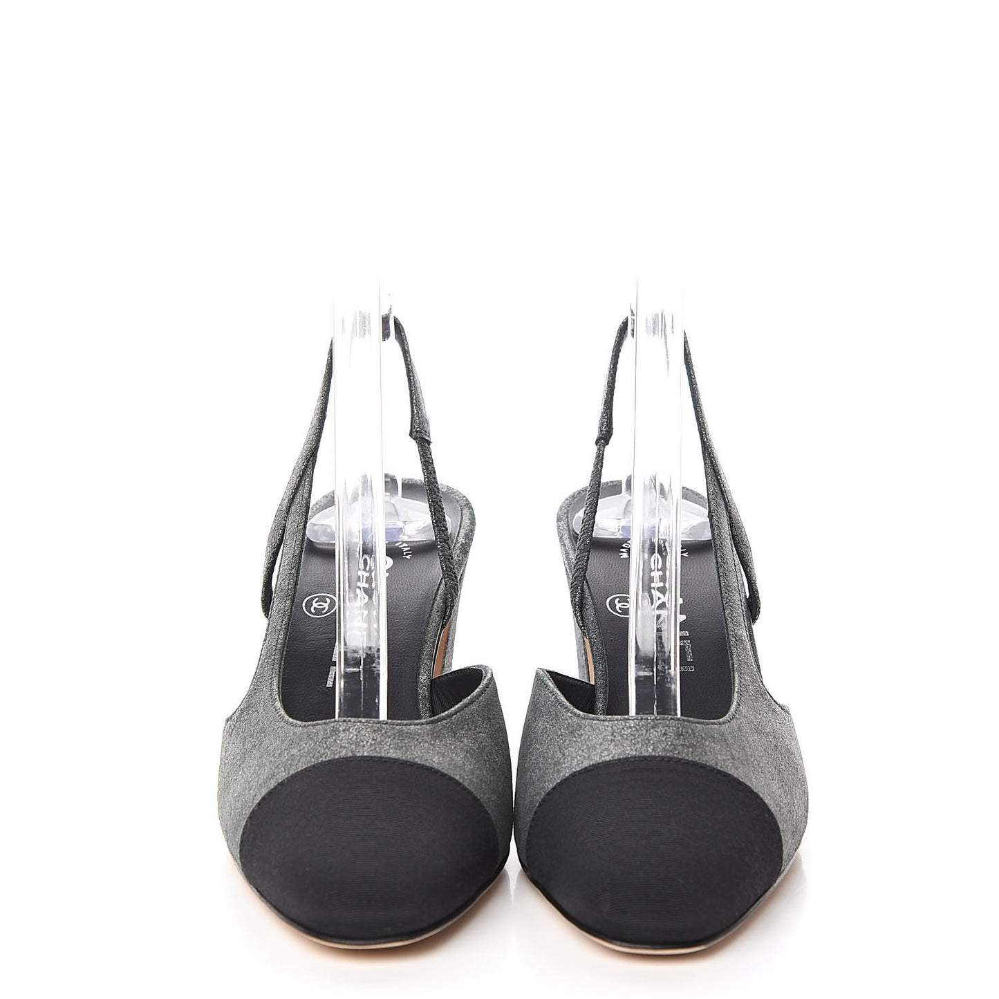 Lambskin Grosgrain Cap Toe CC Slingback Sandals 35 Black Silver