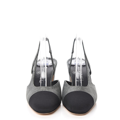 Chanel Lambskin Grosgrain Cap Toe CC Slingback Sandals 35 Black Silver 2 of 10