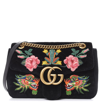 Gucci Velvet Matelasse Dragon Embroidered Medium GG Marmont Shoulder Bag Black 1 of 13