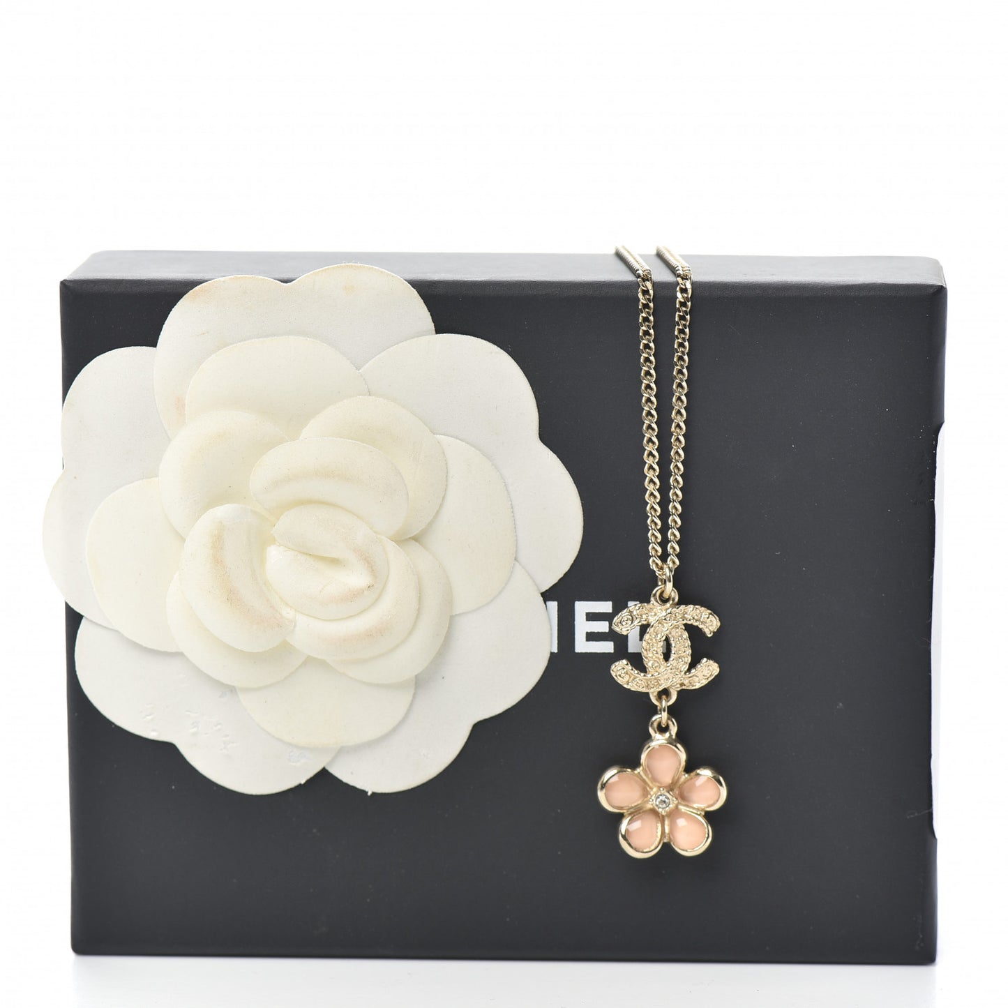 Enamel Crystal CC Camellia Pendant Necklace Beige Gold