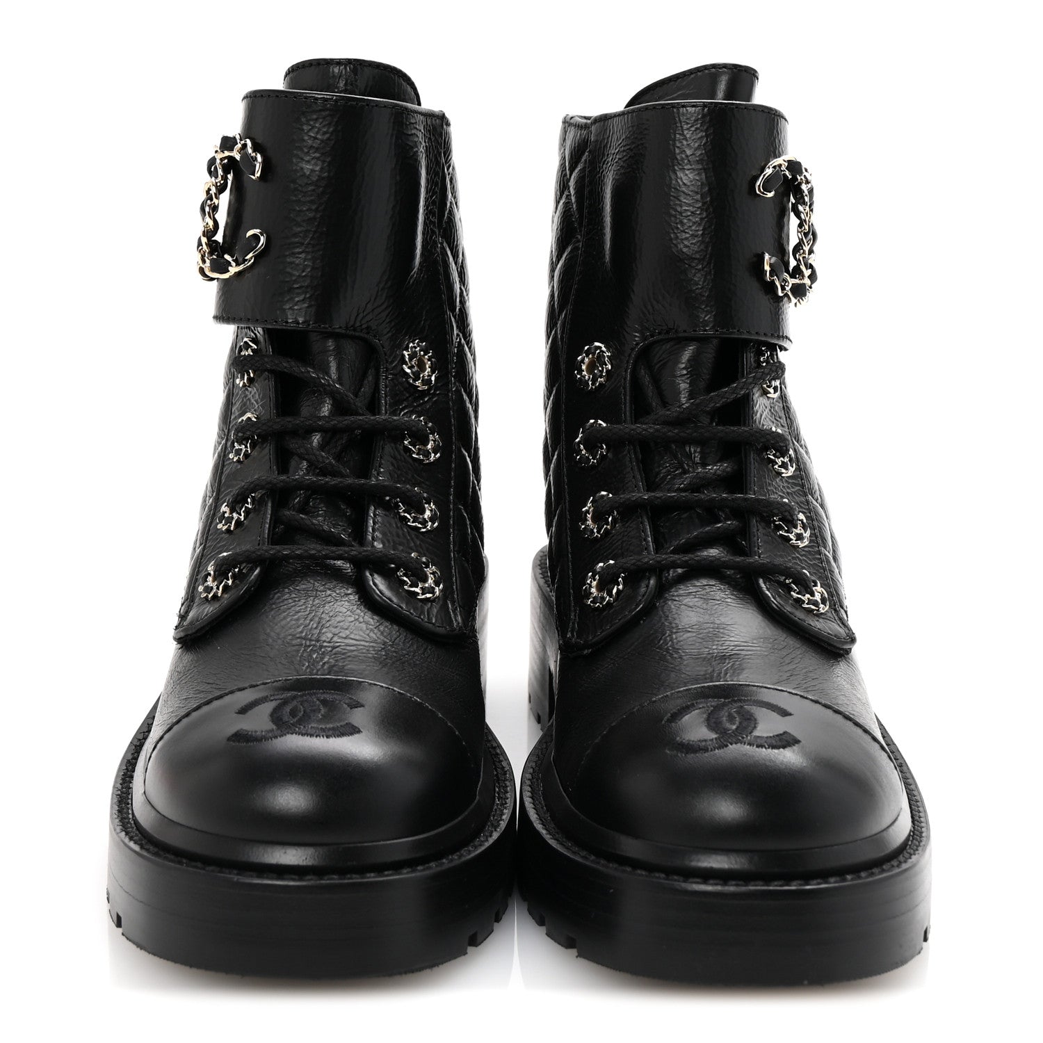 Chanel Shiny Goatskin Calfskin Quilted Lace Up Combat Boots 37 Black 3 of 10