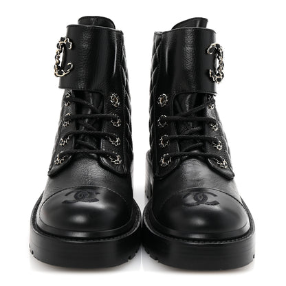 Chanel Shiny Goatskin Calfskin Quilted Lace Up Combat Boots 37 Black 3 of 10