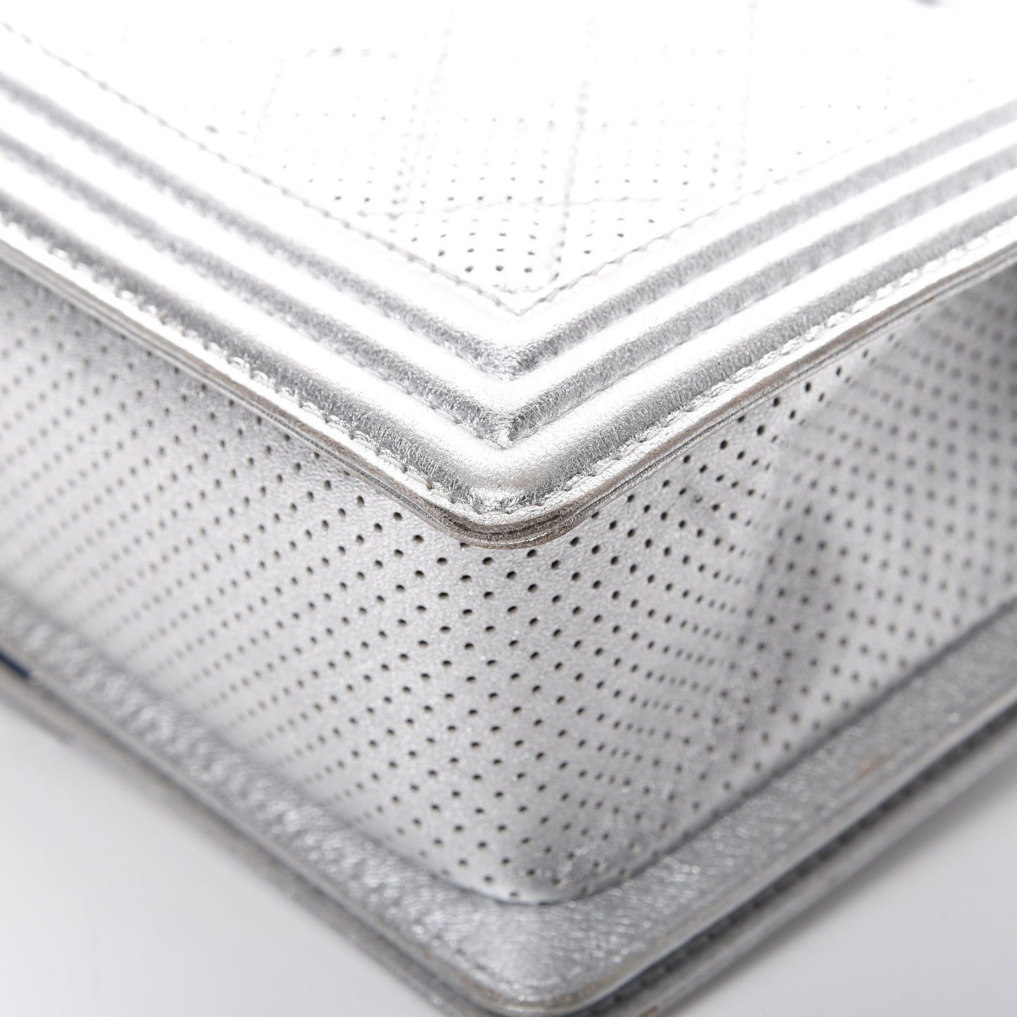 Metallic Perforated Lambskin Quilted Medium Boy Flap Argent
