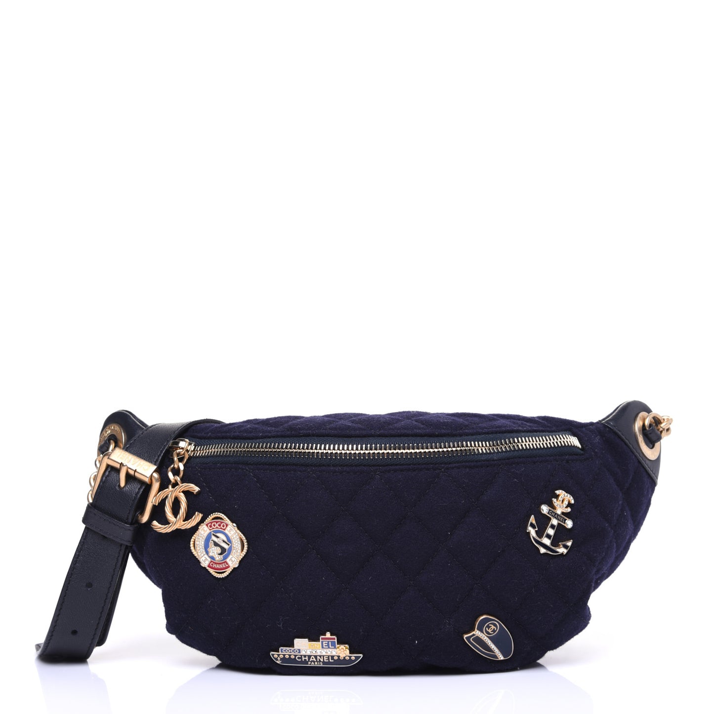 Wool Lambskin Quilted Paris Hamburg Charms Waist Bag Dark Navy