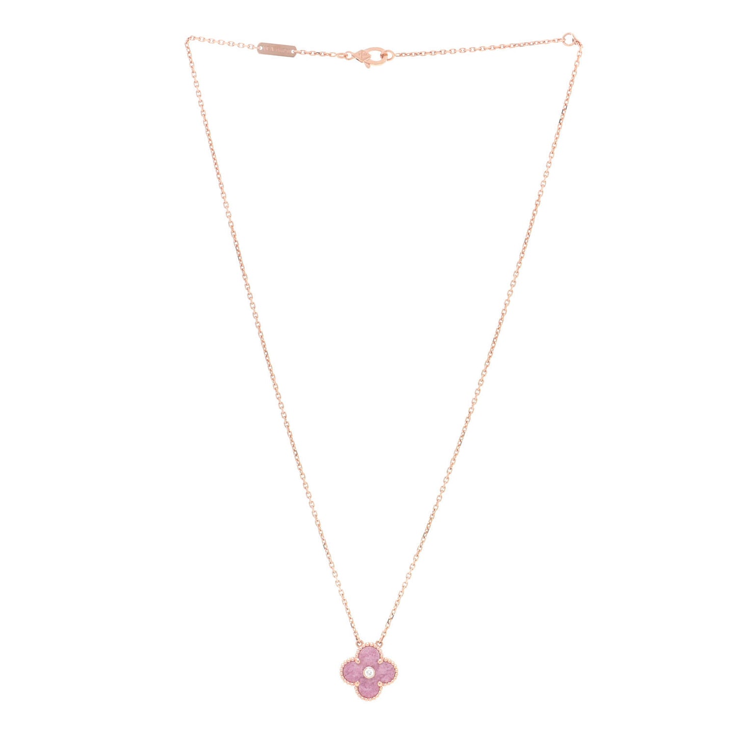 18K Rose Gold Diamond Rhodonite Vintage Alhambra Pendant Necklace