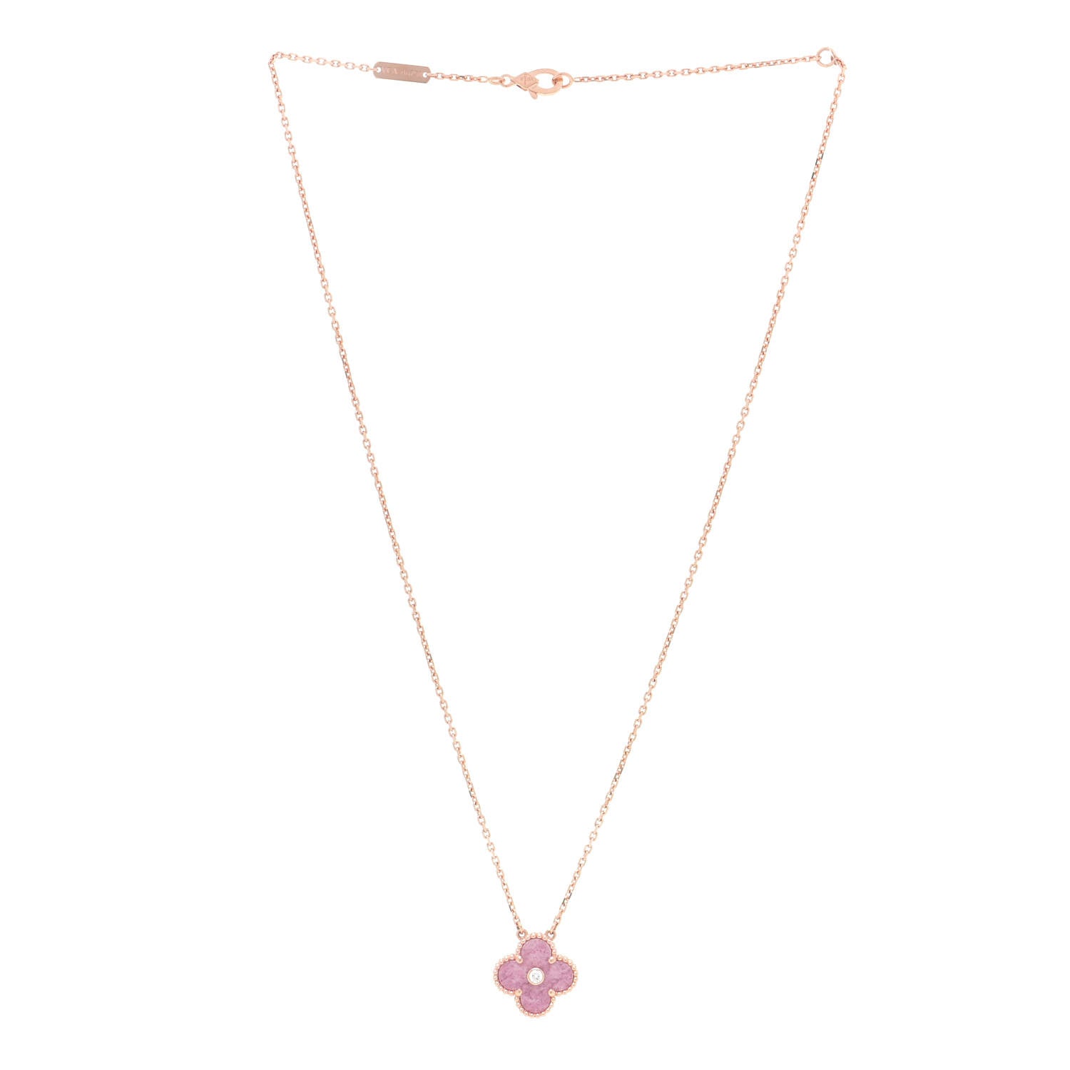 Van Cleef & Arpels 18K Rose Gold Diamond Rhodonite Vintage Alhambra Pendant Necklace 3 of 7