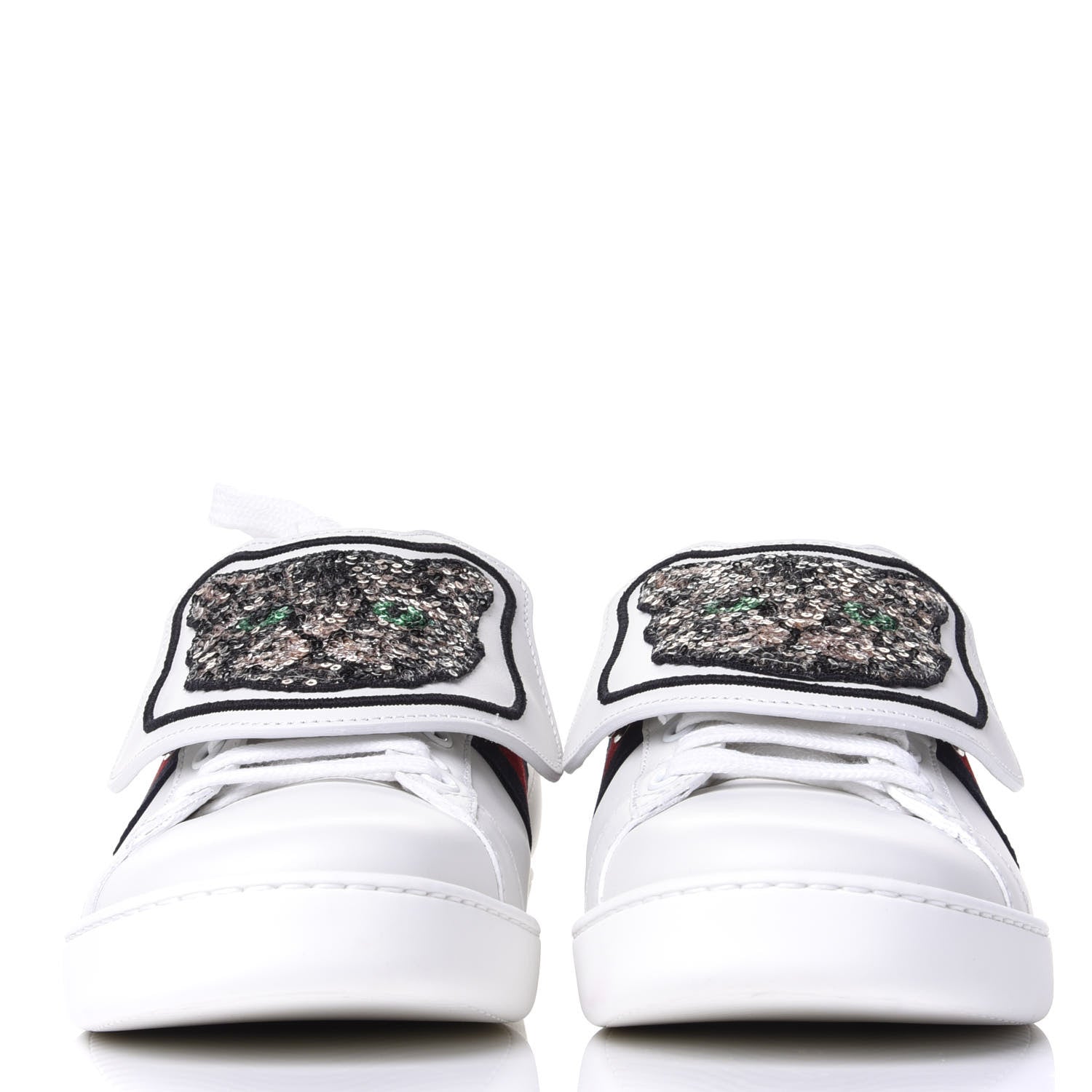 Gucci Calfskin Sequins Web Cat Womens Ace Sneakers 37.5 White 2 of 11