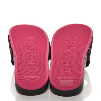 Chanel Tweed Grosgrain Camellia Flat Sandals 35 Black Pink 5 of 9