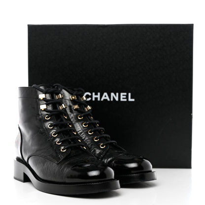 Chanel Crumpled Lambskin Shiny Calfskin Combat Boots 38 Black 9 of 9