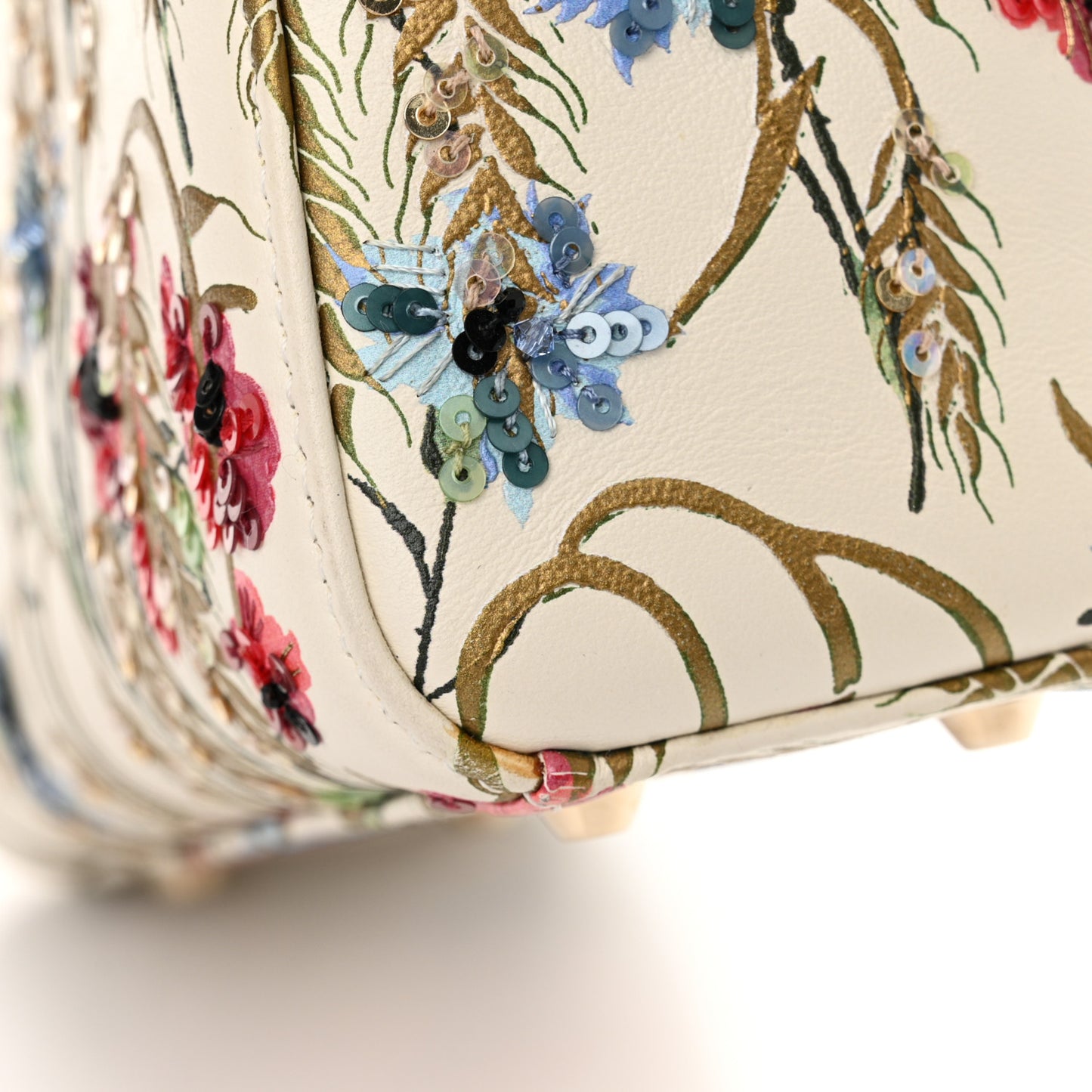 Calfskin Hibiscus Printed Embroidered Mini Lady Dior Beige Multicolor